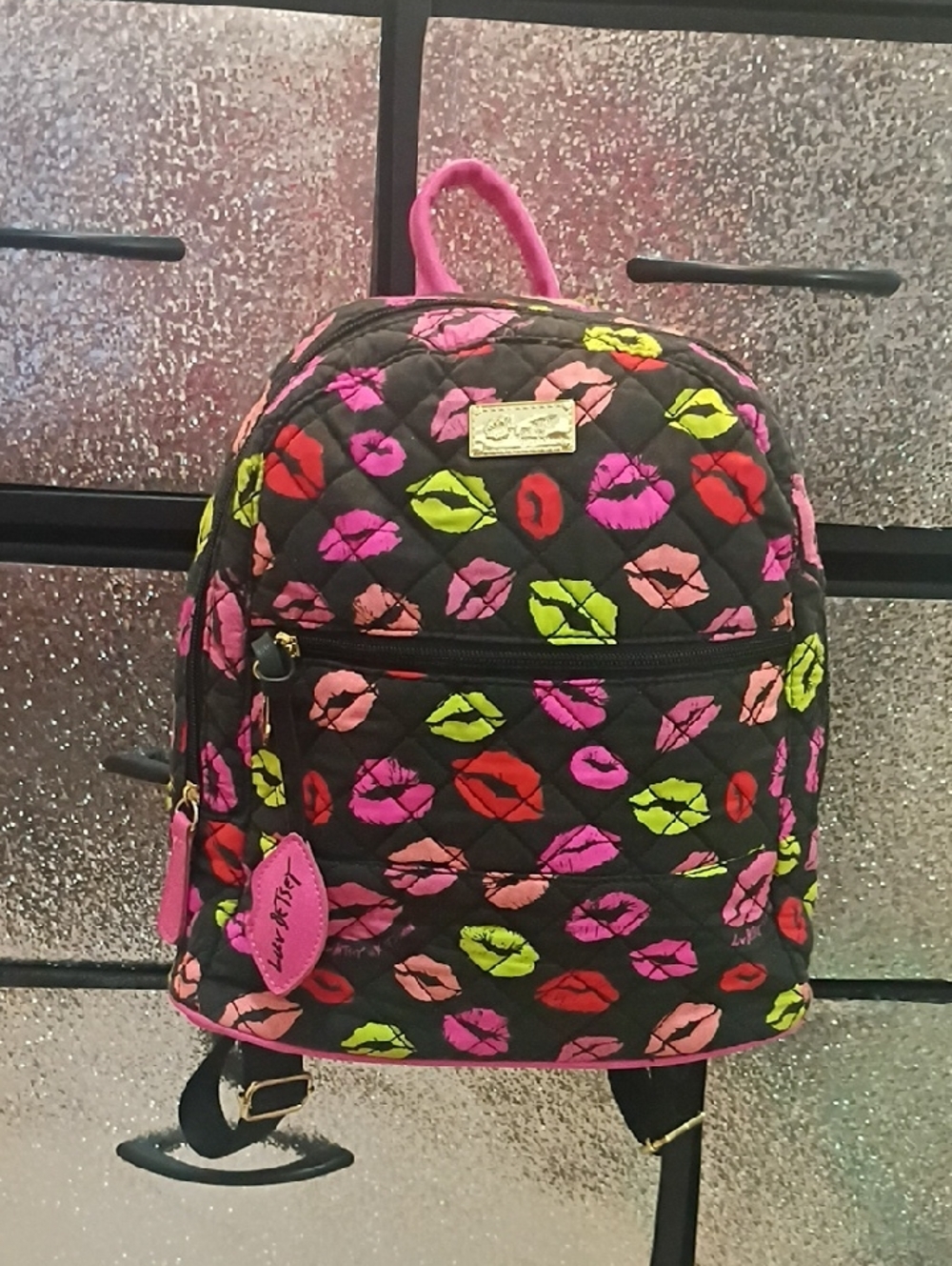 Betsey Johnson Black Quilted Mini Backpack with Neon Lip Print